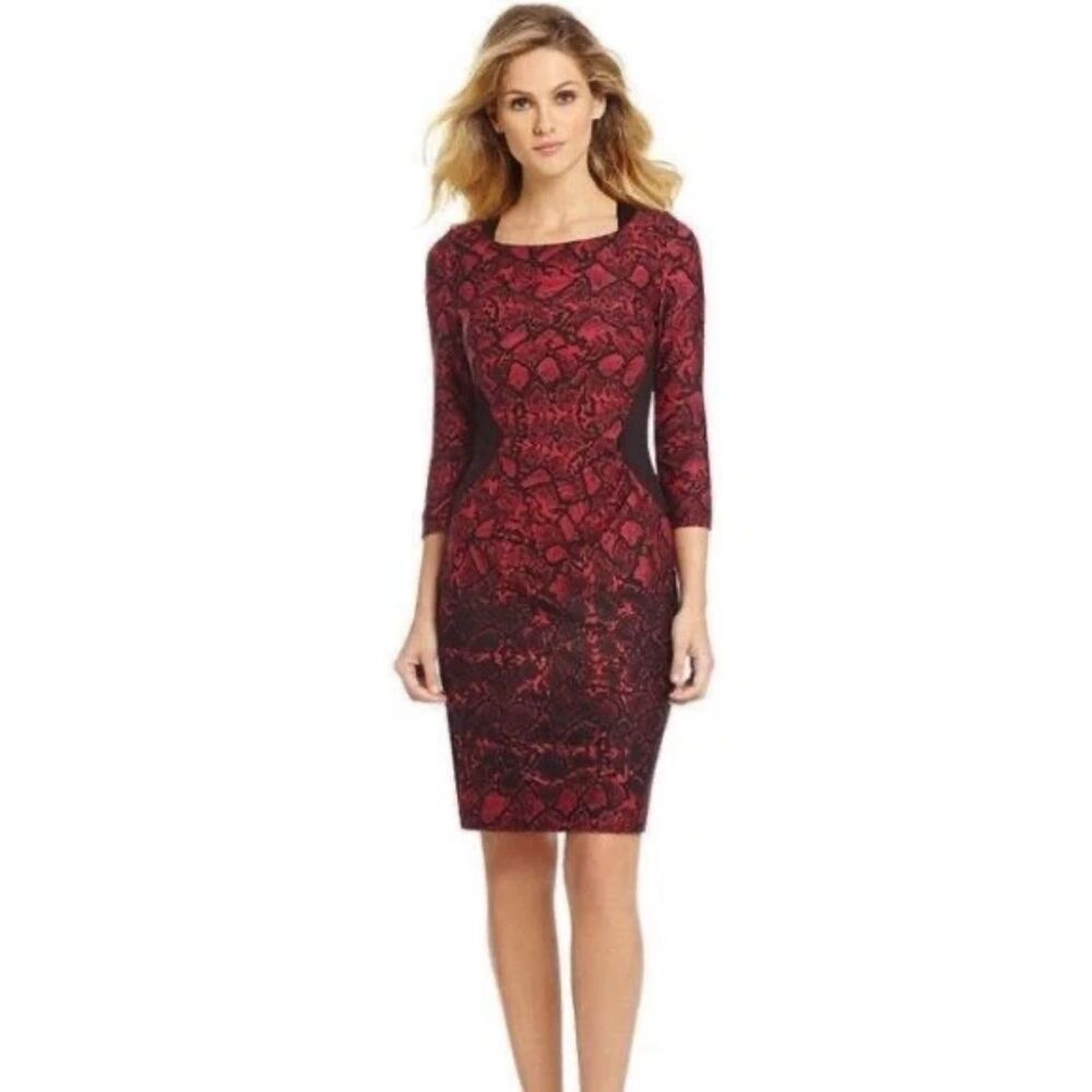 ANTONIO MELANI Red Snake-Print Sheath Dress with Black Panels